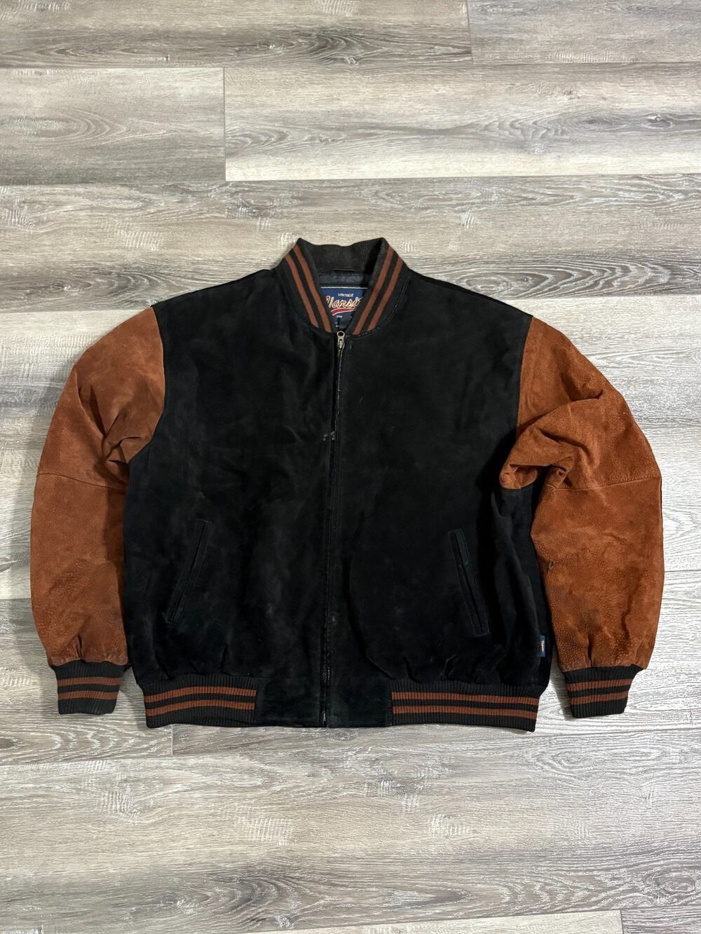 Vintage Varsity Black Leather Suede Bomber Jacket Elbow Patches - Men’s XXL 2XL